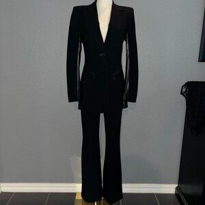 ESCADA 2 PIECE PANT SUIT BLACK WOOL SLIM FIT BLAZER AND FLARE LEG PANTS  EU34/36